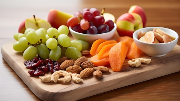 Un plato de frutas y nueces en una mesa de madera