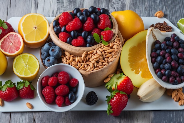 Un plato de frutas y nueces sobre una mesa