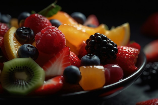 Un plato de frutas con la palabra "en él"