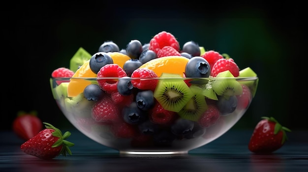 Un plato de frutas con la palabra fruta en el medio.