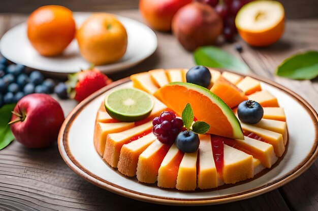 un plato de frutas y pasteles de queso con frutas en la mesa