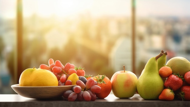 Un plato de frutas y una pera sobre una mesa.