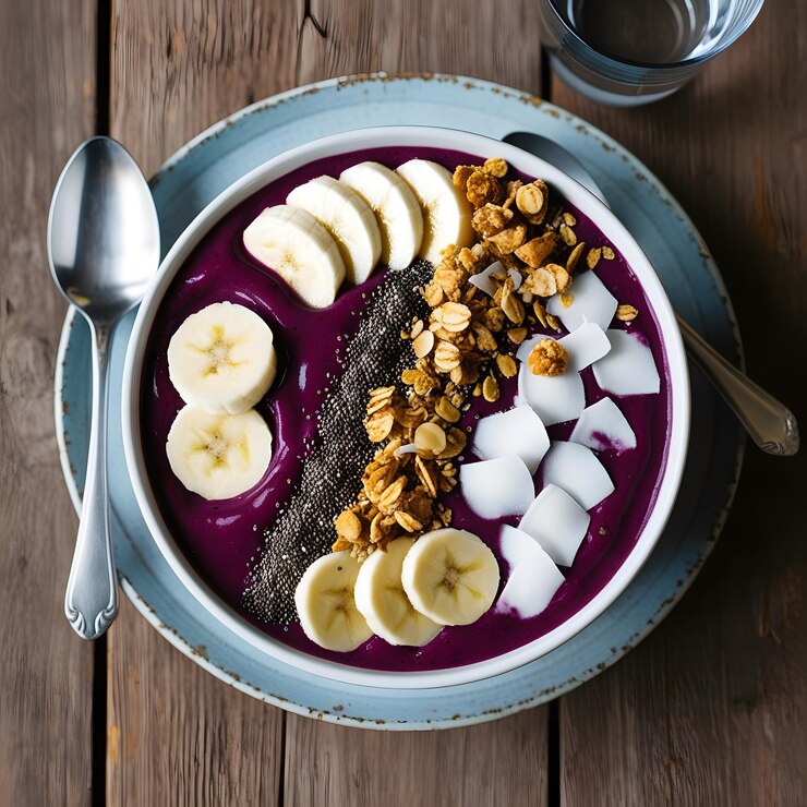 un plato de frutas con plátanos y granola en él