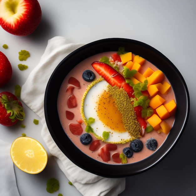 Un plato de frutas y un plato de frutas con fresas al lado.