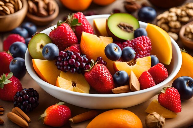 Un plato de frutas que incluye fresas, almendras y kiwi.