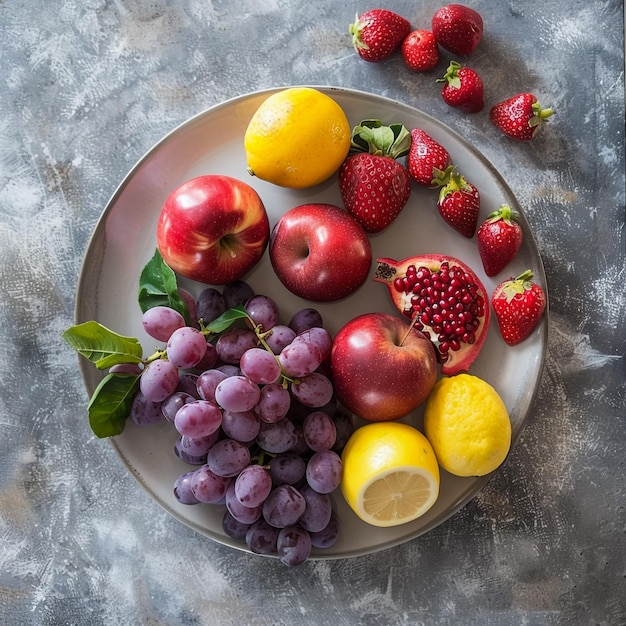 Plato de frutas saludables fresas frambuesas naranjas ciruelas manzanas kiwis uvas arándanos en la mesa de madera de color gris oscuro vista superior espacio de copia para el texto enfoque selectivo
