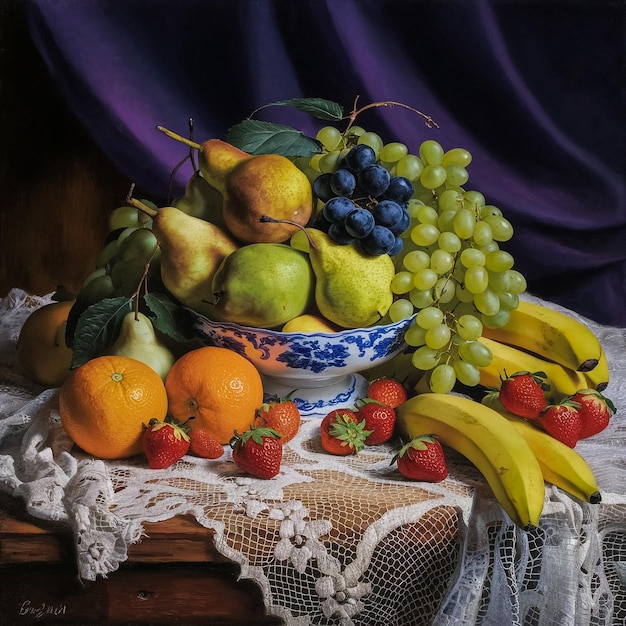 un plato de frutas se sienta en una mesa con un paño sobre él