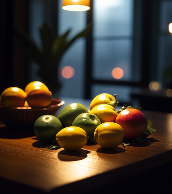 Un plato de frutas se sienta en una mesa con una planta en el fondo.