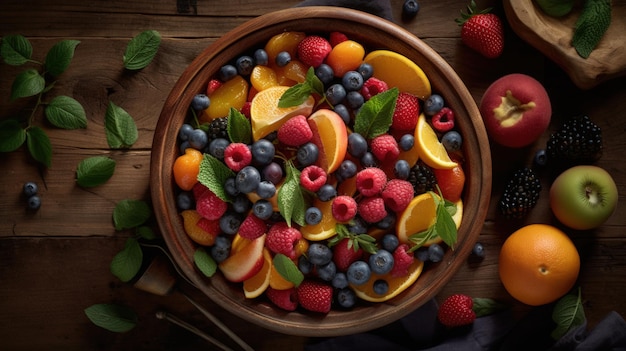 Un plato de frutas sobre una mesa con una cuchara y un plato de frutas.