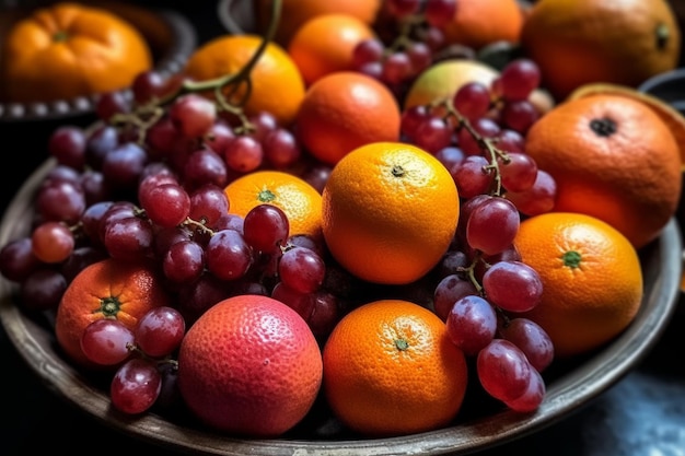 Un plato de frutas con uvas y naranjas.