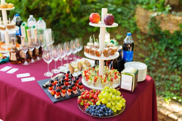 Plato con frutas variadas en la mesa de catering