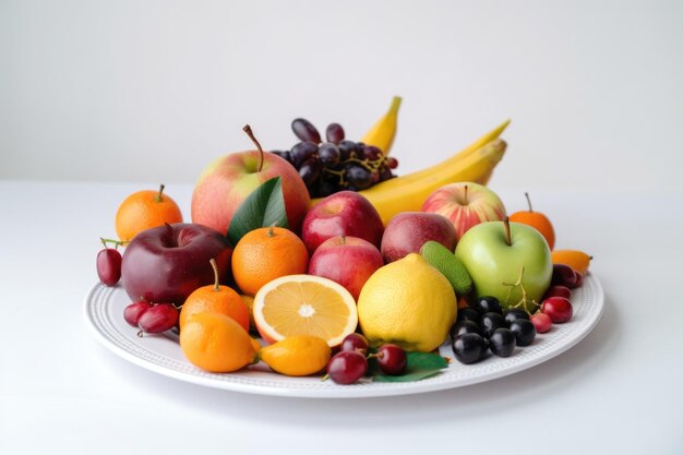 Plato de frutas y verduras coloridas con fondo de plato blanco creado con ai generativo