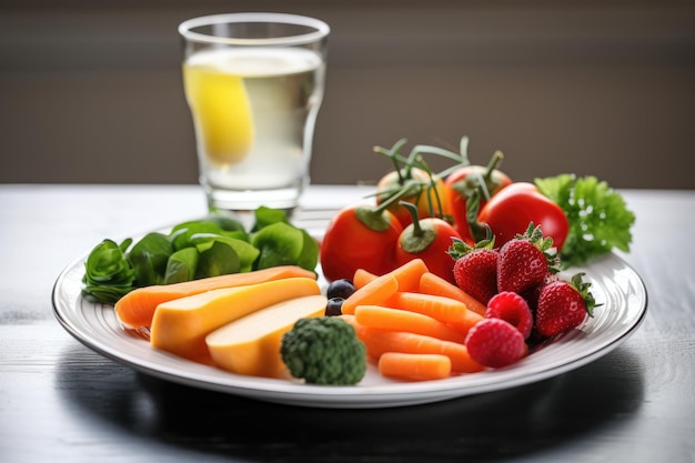 Plato de frutas y verduras frescas con un vaso de agua cercano creado con ai generativo