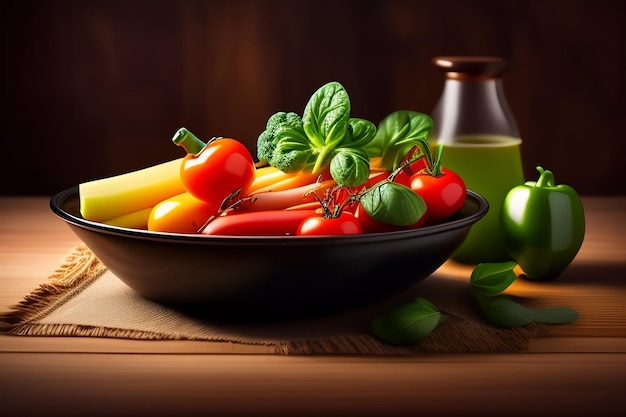 Un plato de frutas y verduras en una mesa