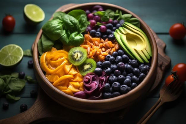 Un plato de frutas y verduras en una mesa