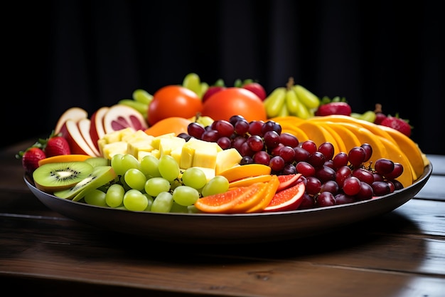 Un plato de frutas vibrante en una mesa de madera