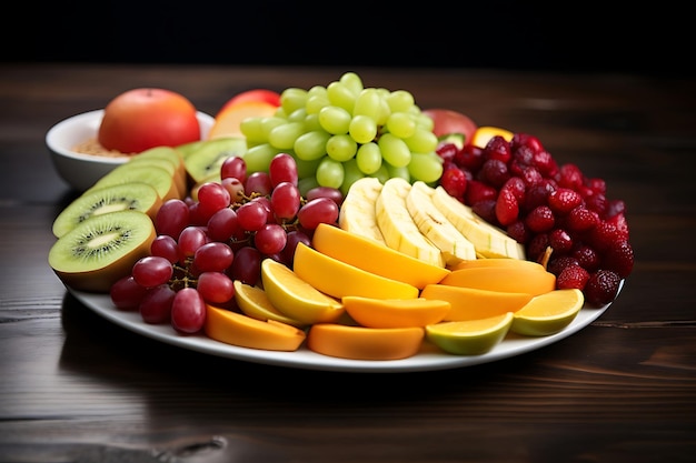 Un plato de frutas vibrante en una mesa de madera