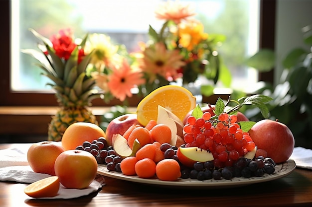 Plato de frutas en la vista de la mesa