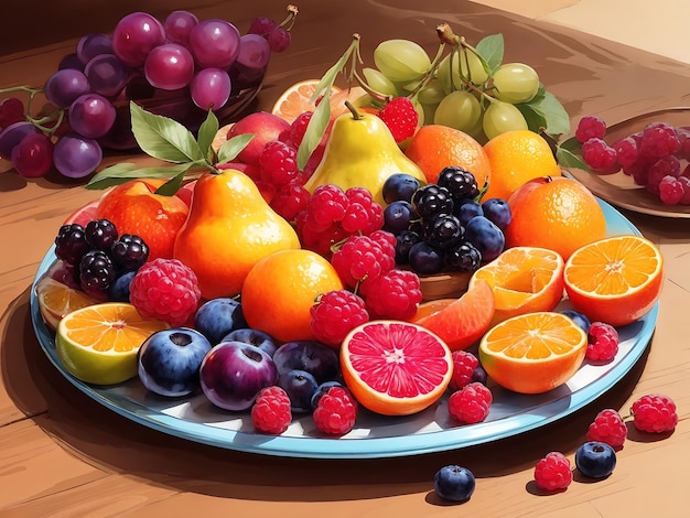 plato de frutas visualmente impresionante con una variedad de frutas coloridas y maduras