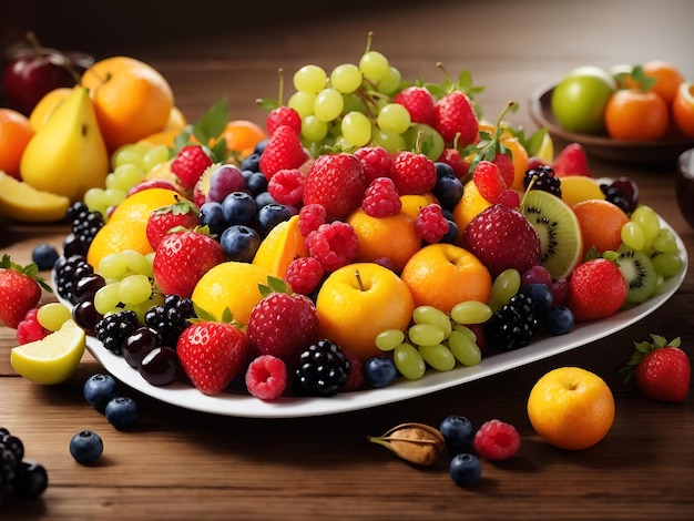 plato de frutas visualmente impresionante con una variedad de frutas coloridas y maduras