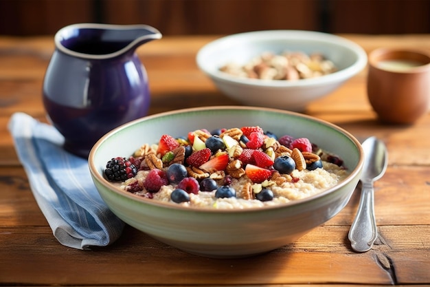 Un plato de gachas con mezcla de bayas y nueces en una mesa de desayuno