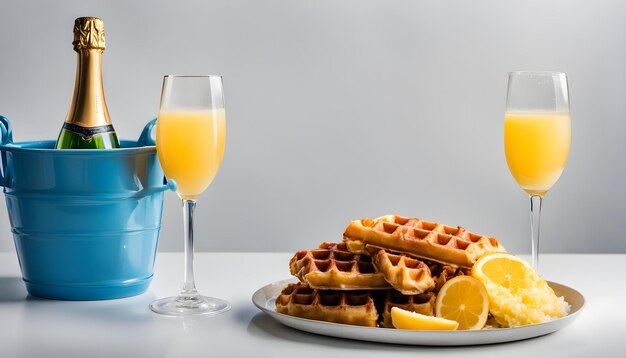 un plato de gafas y un vaso de jugo de naranja al lado de un plito de gafas