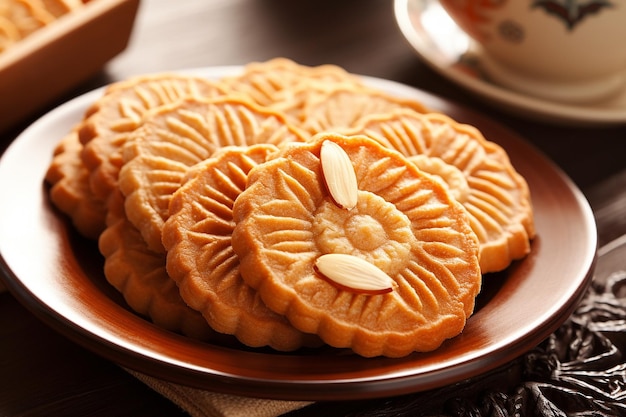 Foto un plato de galletas con almendras y un plato con una taza de café