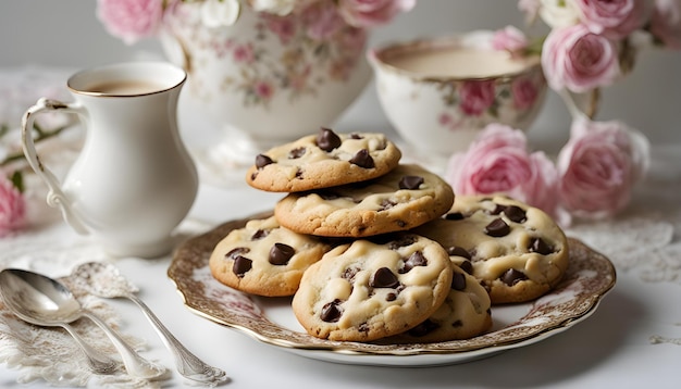 un plato de galletas de chispas de chocolate y una taza de té con una copa de té al lado