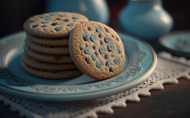 Un plato de galletas de chocolate con motivos florales. IA generado