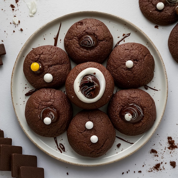 un plato de galletas de chocolate con un plato blanco con glaseado de chocolate