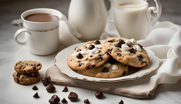 un plato de galletas de chocolate y una taza de café