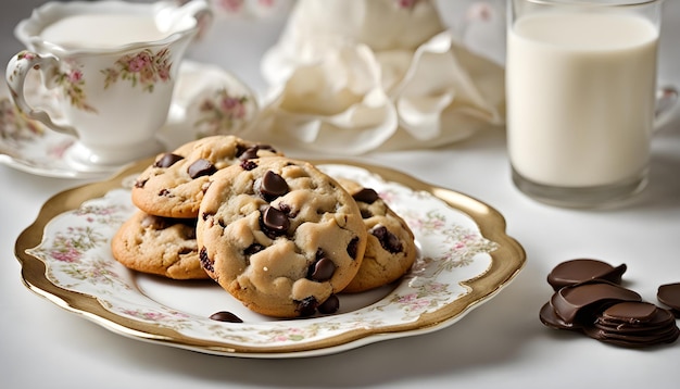 un plato de galletas de chocolate y una taza de leche