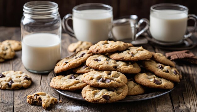 Un plato de galletas de chocolate y vasos de leche