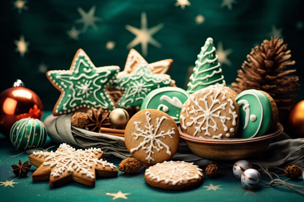 un plato de galletas y decoraciones de Navidad en una mesa