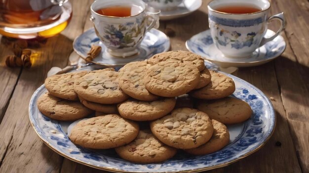 Plato de galletas deliciosas y una olla de té en una superficie de madera