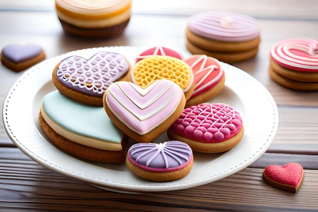 Un plato de galletas con diferentes corazones.