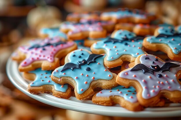 Foto un plato de galletas con diseños azules y rosados