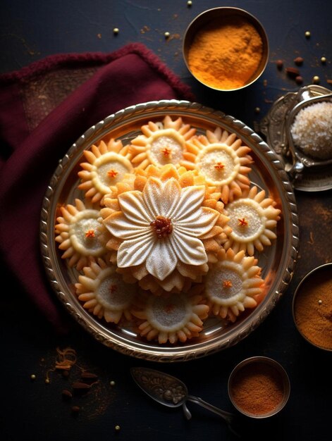 Foto un plato de galletas con una flor en él y una flor en la parte superior