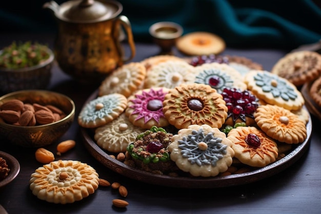 un plato de galletas con flores y un platillo de galletas en él