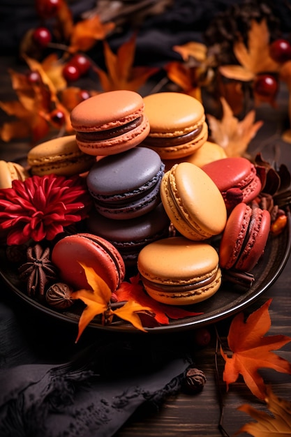 un plato de galletas y flores