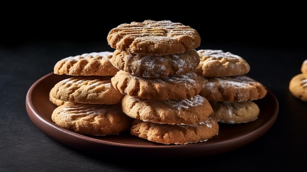 Un plato de galletas con un fondo negro.