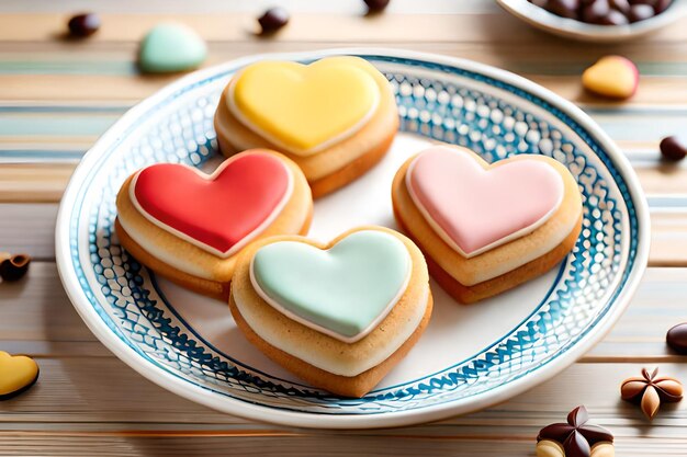 Un plato de galletas en forma de corazón con diferentes colores y la palabra amor.