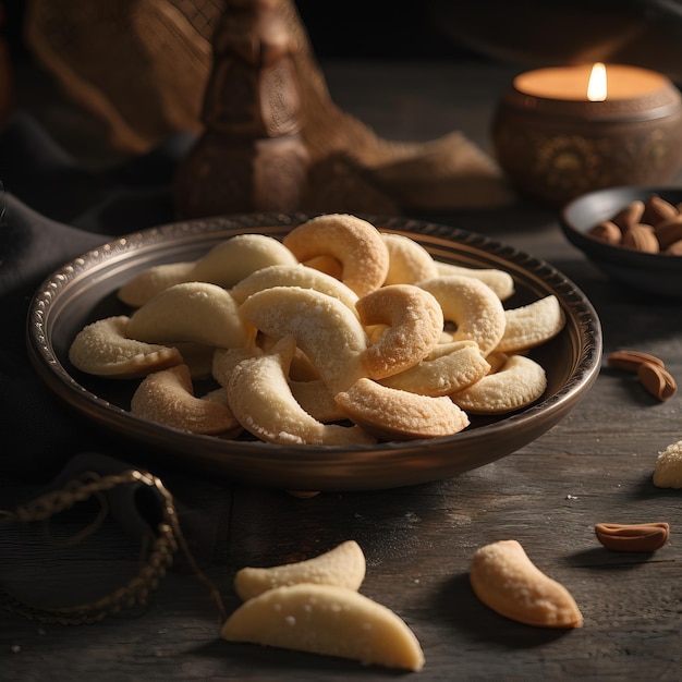 Un plato de galletas indias con almendras al lado.