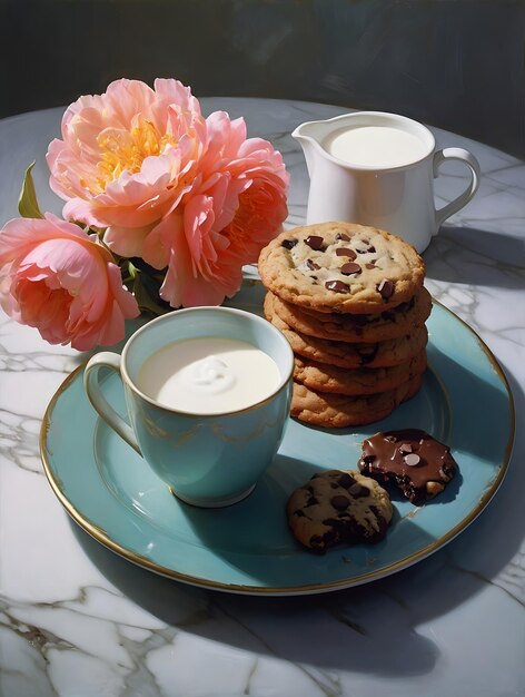 un plato de galletas, leche y una taza de café