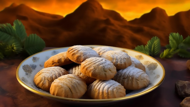 Un plato de galletas con una montaña al fondo