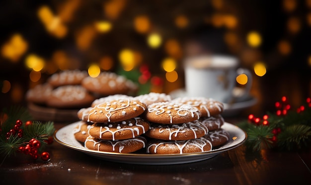 Plato de galletas de Navidad recién horneadas en una mesa de madera con decoración festiva de Navidad y bokeh