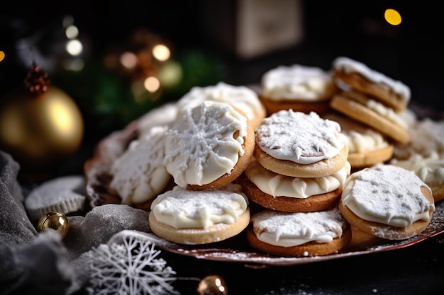 Un plato de galletas navideñas con una decoración navideña en la mesa.