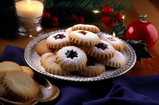 Un plato de galletas navideñas con mermelada