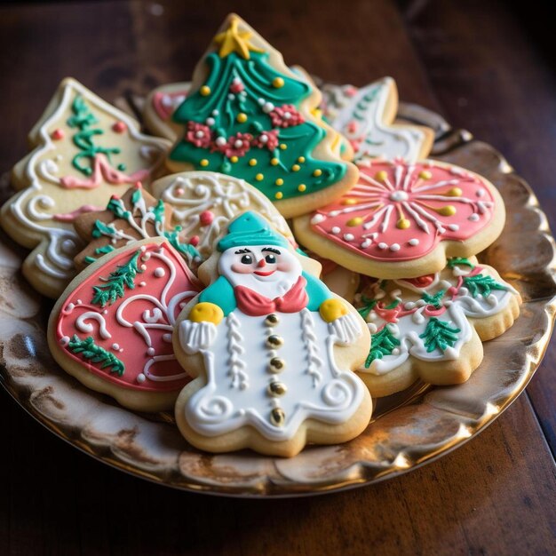 Un plato de galletas navideñas con un Papá Noel.