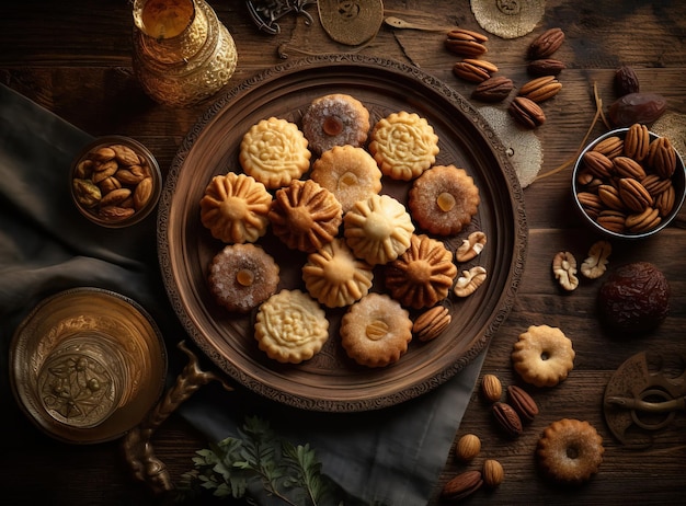 Un plato de galletas con nueces y nueces sobre la mesa.